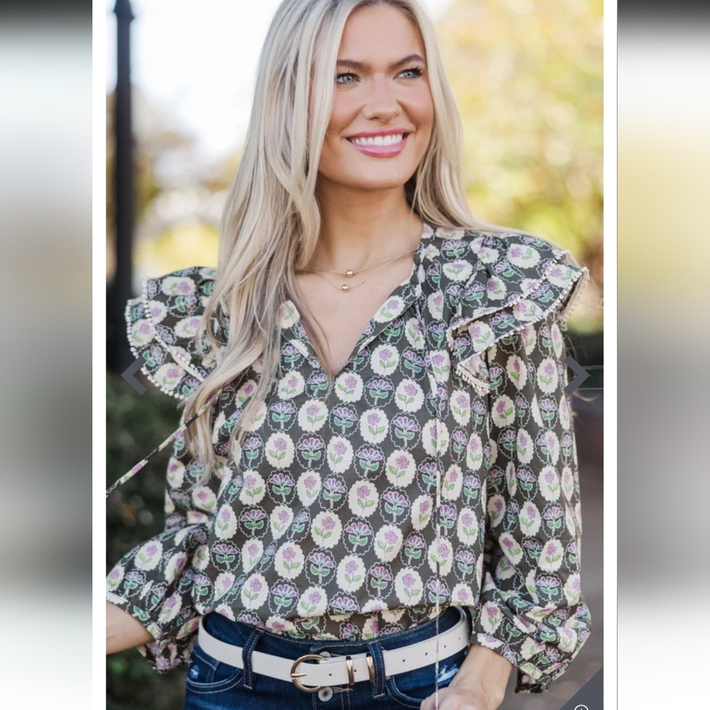 entro Floral Ruffle Shoulder Blouse in Olive and Lavender